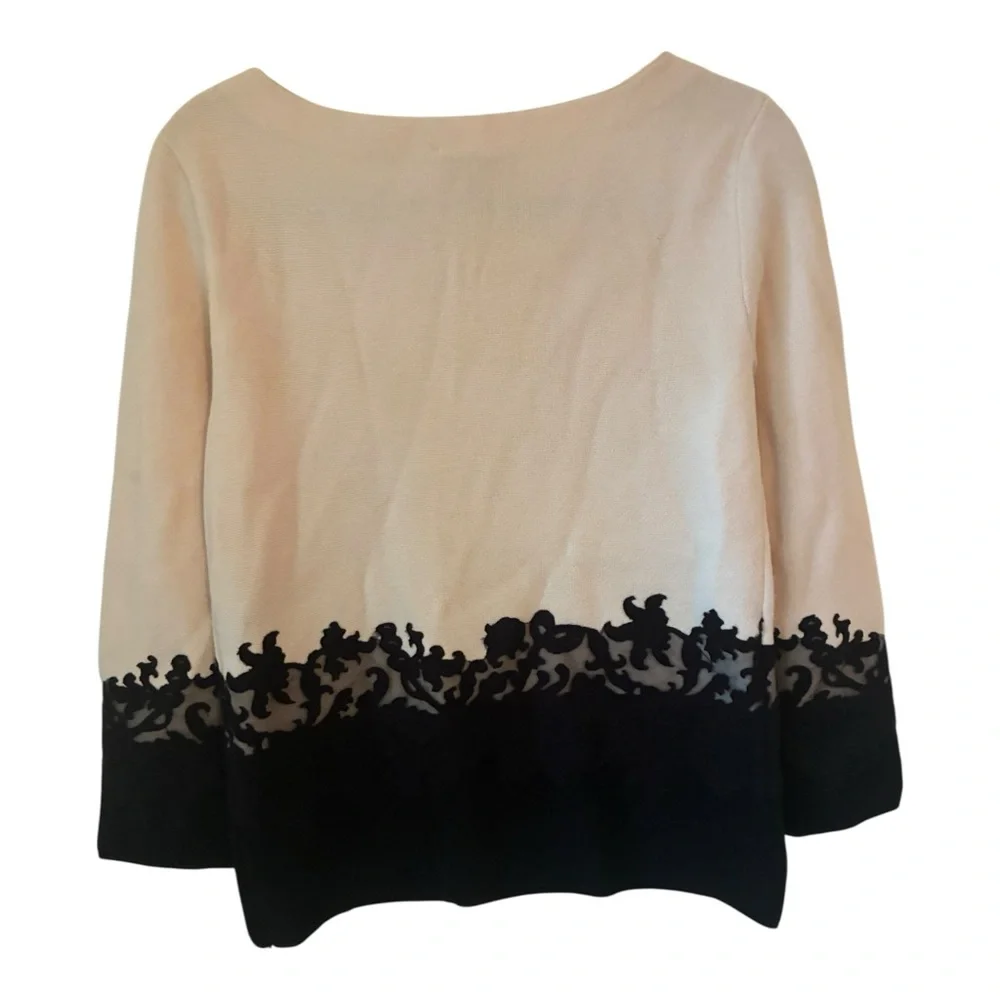 Tory Burch Dixie Cream and Black 💯 Merino Wool Sweater with Lace Detail Size SP